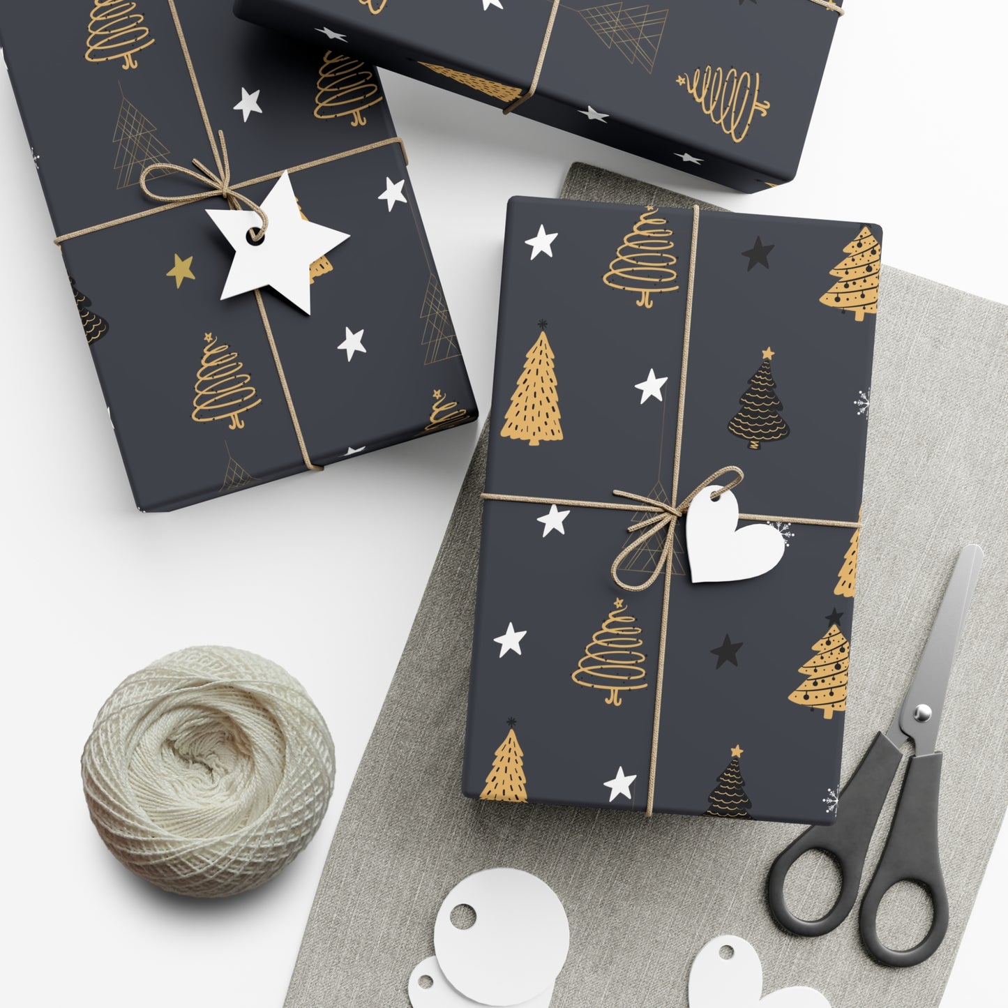 Elegant Black & Gold Holiday Gift Wrap Paper - Christmas Tree & Star Design - aMOOsing Designs