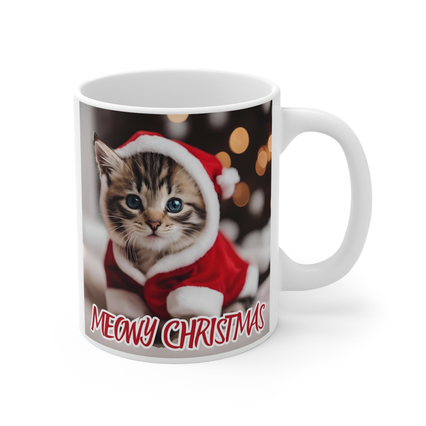 Meowy Christmas Cat Mug - 11oz Ceramic Coffee Cup for Cat Lovers - aMOOsing Designs