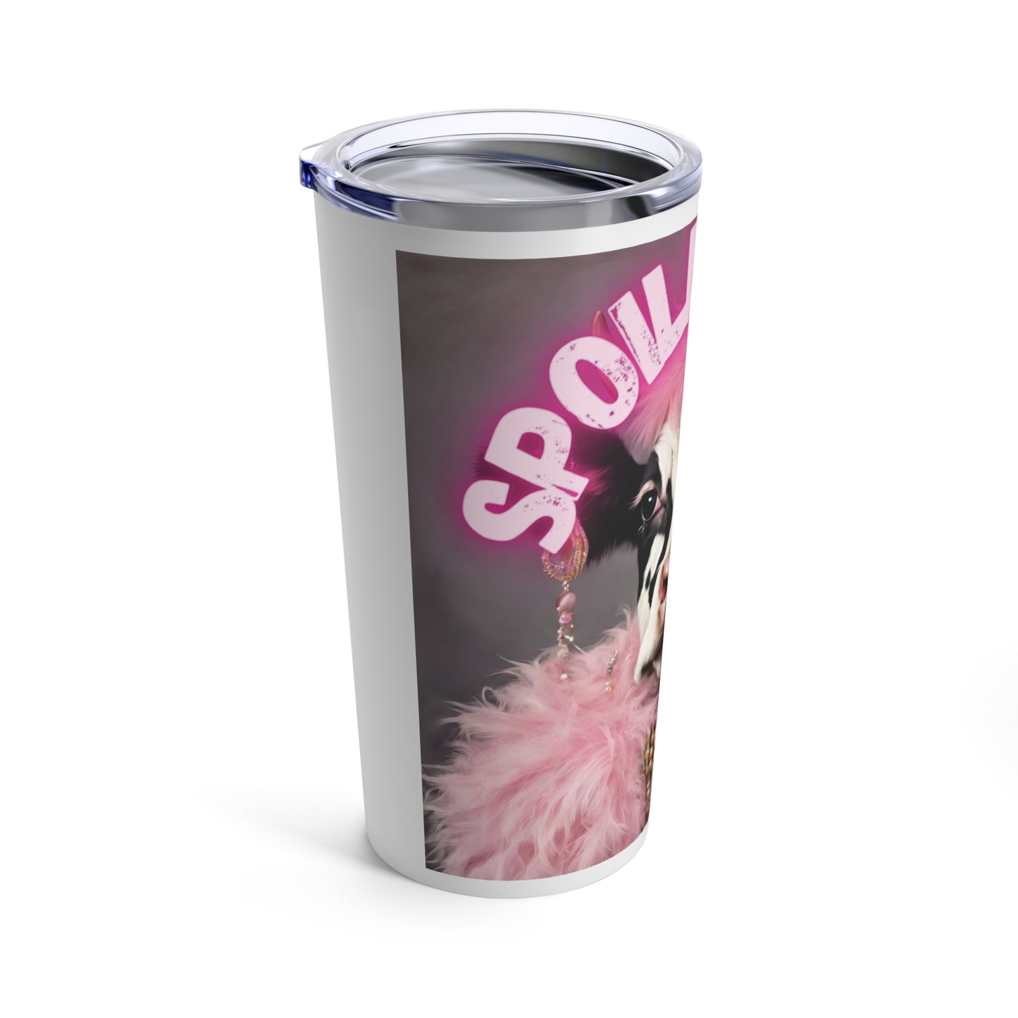 Funny pink tumbler featuring a spoiled milk cow design, perfect for adding humor to your drinkware collection.
