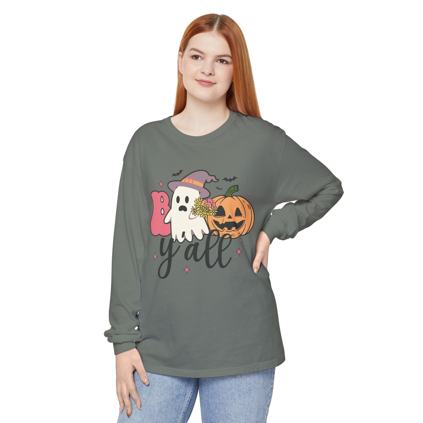 BOO Y'all Halloween Long Sleeve Tee, Cozy Fall Shirt, Unisex Ghost T-Shirt, Pumpkin Graphic Top, Perfect for Halloween Parties