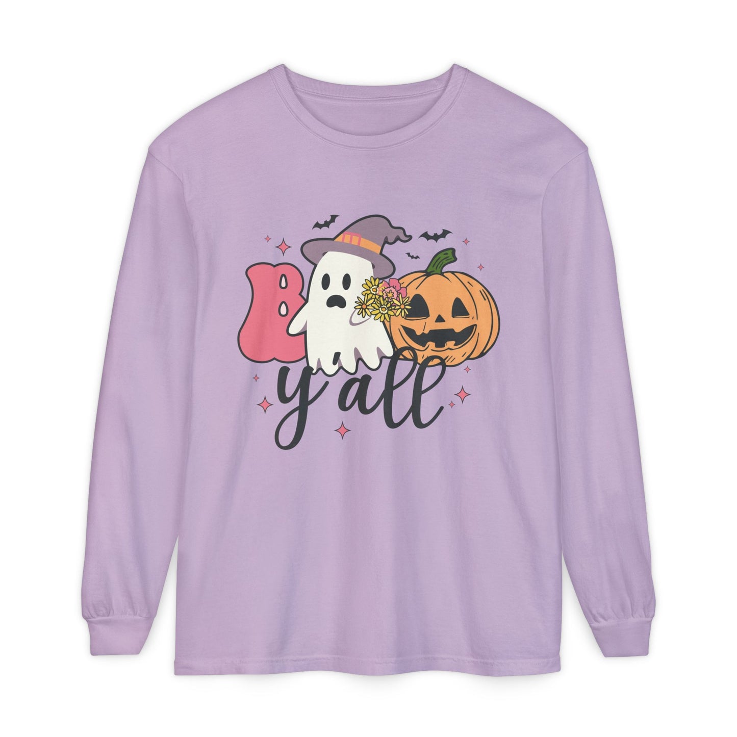 BOO Y'all Halloween Long Sleeve Tee, Cozy Fall Shirt, Unisex Ghost T-Shirt, Pumpkin Graphic Top, Perfect for Halloween Parties