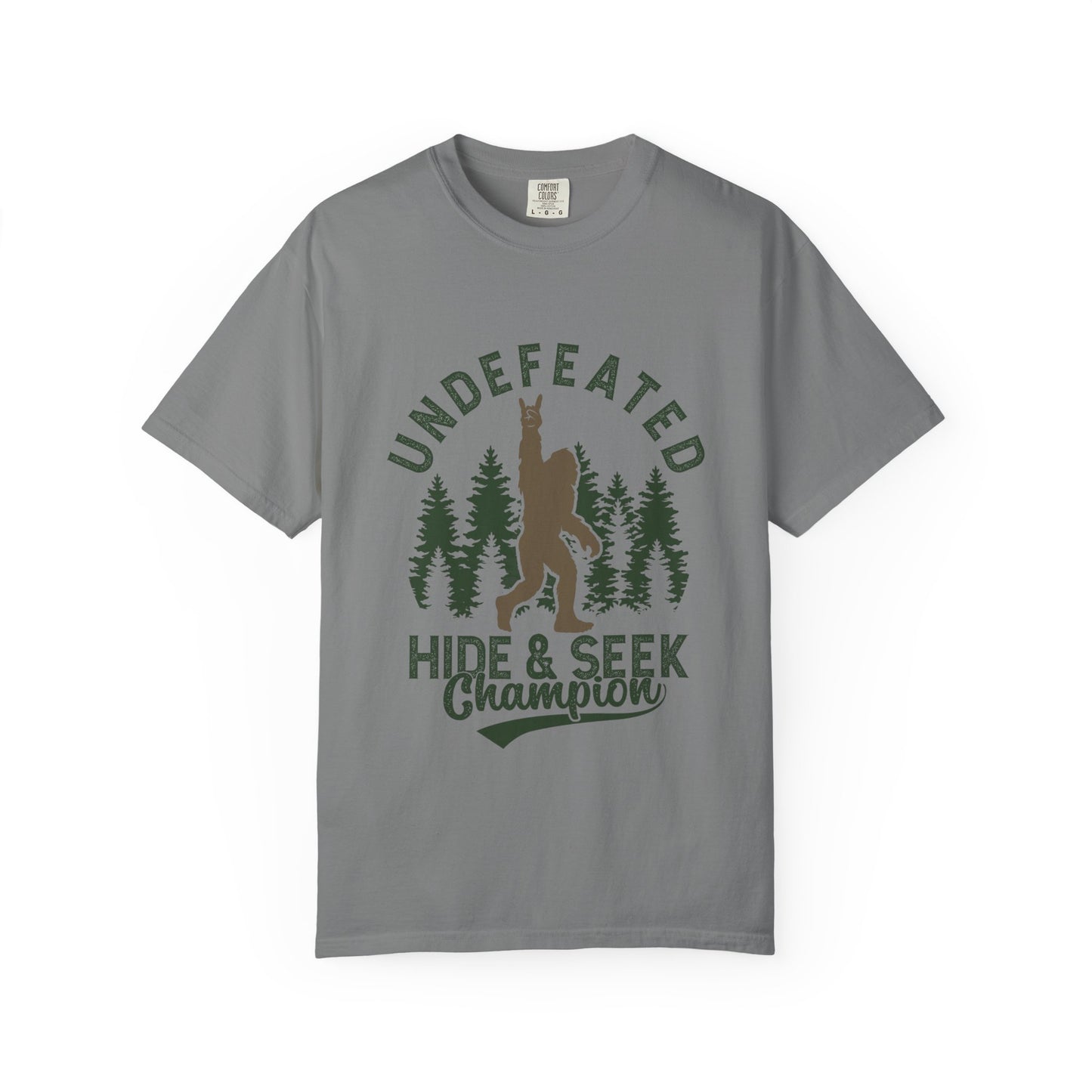 Undefeated Hide & Seek Champion T-shirt, Funny Outdoor Adventure Tee, Nature Lover Gift, Big Foot Shirt, Unisex Garment-Dyed, Adventure