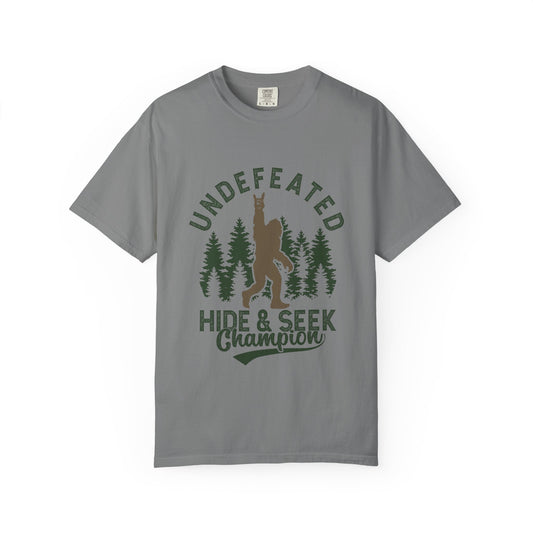 Undefeated Hide & Seek Champion T-shirt, Funny Outdoor Adventure Tee, Nature Lover Gift, Big Foot Shirt, Unisex Garment-Dyed, Adventure