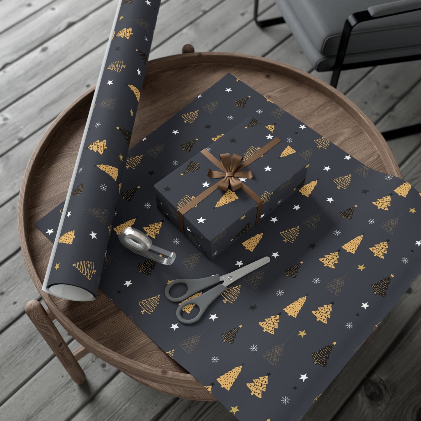Elegant Black & Gold Holiday Gift Wrap Paper - Christmas Tree & Star Design - aMOOsing Designs