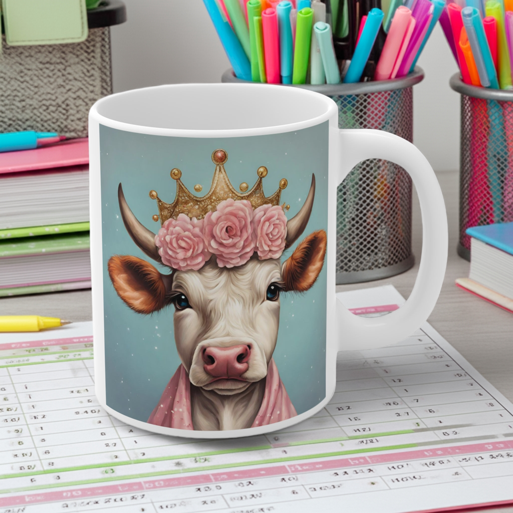 Charming Cow Princess Mug - 11oz Coffee Cup for Animal Lovers - aMOOsing Designs
