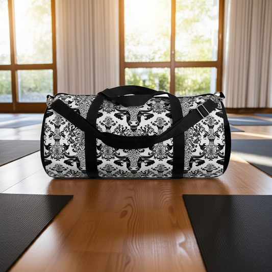 "daMOOsk"- Cow Damask Pattern- Duffel Bag - aMOOsing Designs